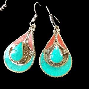 Tibetan Nepalese Silver turquoise and coral earrings.